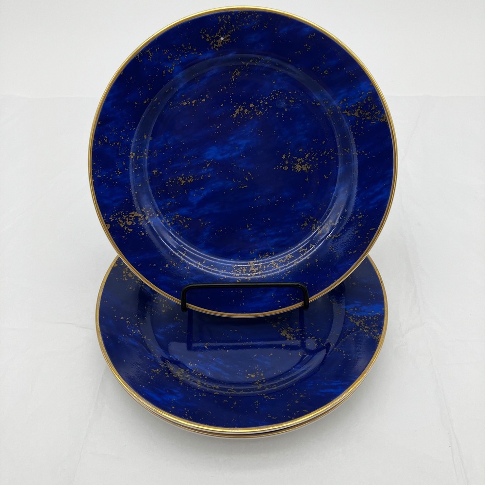 Neiman Marcus Salad Plates Set of 3 7.25in Cobalt Blue Gold Lapis Marble Effect